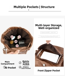Detailed internal compartments of a brown washed leather backpack with drawstring closure