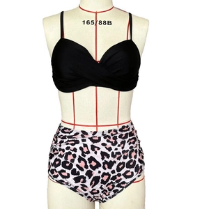 Front view of black ruched bikini top and high-waisted pink leopard print bottoms