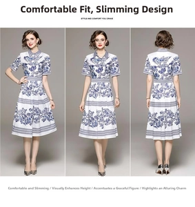 Trois vues d'une robe trapèze blanche avec imprimé floral bleu et col chemisier