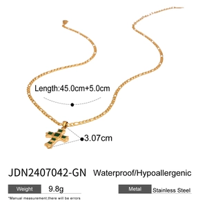 Gold stainless steel cross necklace with green zircon inlay and waterproof feature