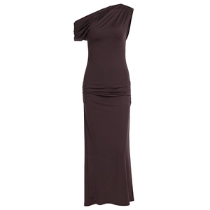 Detail of elegant one-shoulder draping and waist ruched texture on brown maxi dress