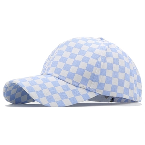 Detail of blue and white checkerboard baseball cap with curved brim and fabric texture