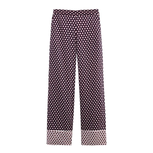 Women's pajama pants with navy geometric diamond print and contrast hem borders