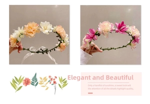 Detail of pink, purple, and orange floral headbands with satin ribbons for bridal wear