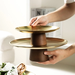 Metal Cake Stand With Wood Base Round Dessert Pedestal Display Tray For Fruit Snacks Afternoon Tea Home Decor