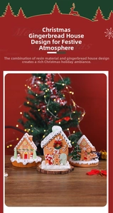 Detailed resin gingerbread snow house with festive candy canes and mini Christmas trees