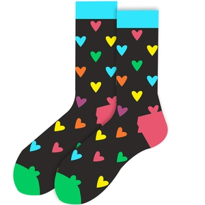 Detail of colorful knitted heart patterns on black crew socks with multi-color splicing