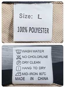 Detail of label showing 100% polyester fabric, size L, and care icons on beige polo shirt