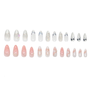 French cat-eye press-on nails with floral bow and heart designs in 24 piece set