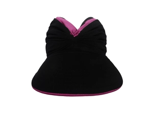 Detail of a black and purple sun visor hat showing elastic knitted texture and open top