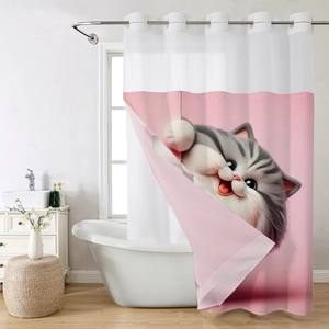 Detail of pink waffle fabric shower curtain with 3D cat print and metal hanging rings