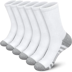 Detailed view of six pairs of white and grey athletic crew socks in soft knit fabric