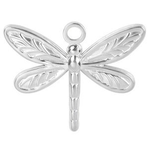 Detailed view of silver dragonfly pendant with intricate wing texture and polished metal finish