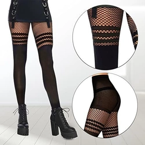 Black fishnet patchwork tights with Gothic hollow stripes and velvet panels