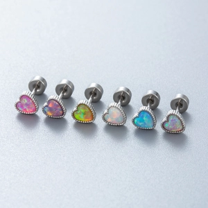 Titanium steel heart-shaped screw-back studs with colorful opal stones in six vibrant colors