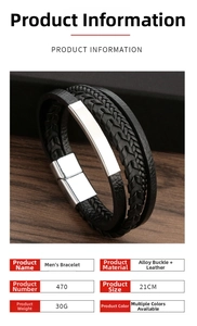 Detail of 21cm multi-layer black braided leather bracelet with silver alloy clasp