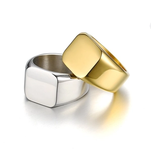 Polished gold and silver stainless steel square signet rings with mirror finish