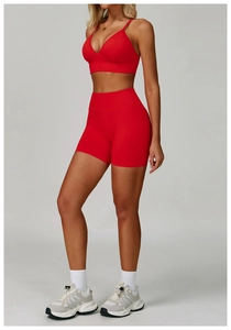 Detailed back view of seamless red yoga sports bra with double thin shoulder straps
