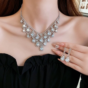 Close-up of model wearing silver teardrop rhinestone fringe necklace and earring set