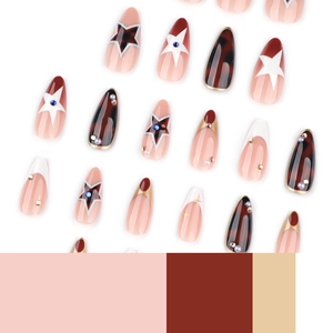 Press-on almond nail set with tortoise shell patterns and retro star designs