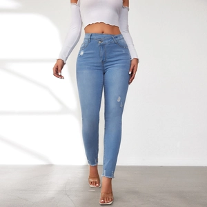 High Waist Skinny Jeans Für Damen Asymmetrischer Kreuzbund Distressed Ripped Denim Hose Rohsaum Elastisch Slim Fit