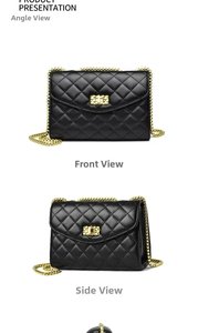 Detail of black quilted chain bag with gold metal lock and elegant diamond pattern