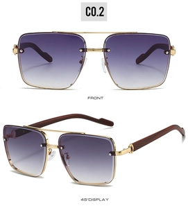 Detail of classic double-bridge sunglasses with wood grain temples and gradient purple lenses