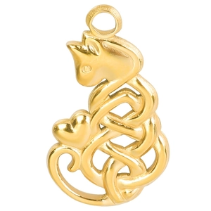 Detailed macro view of a 18k gold plated cat and heart shaped stainless steel pendant