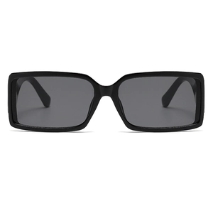 Vintage rectangular black sunglasses with thick frames and dark grey lenses for men and women