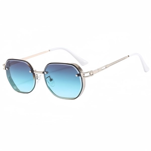 Vintage metal sunglasses with gradient blue lenses and white temples shown from a 45-degree angle