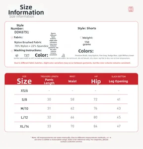 Size chart for yoga shorts showing waist and hip measurements in centimeters