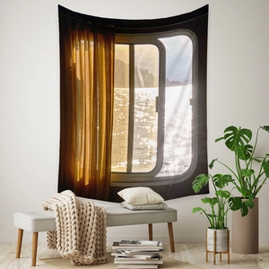 Detail of bohemian beach landscape tapestry featuring ocean view and retro curtains