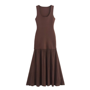 Sleeveless knit patchwork maxi dress in deep brown with a pleated hemline skirt