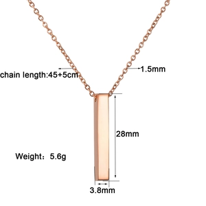 Detailed specs for rose gold bar necklace with 28mm by 3.8mm pendant and adjustable chain