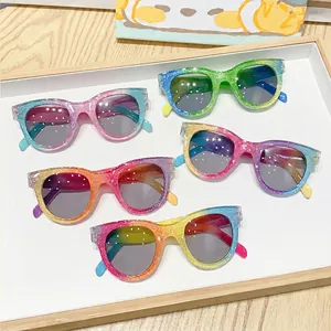 Kids round glitter rainbow sunglasses with UV protection in a colorful 5-pack set