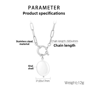 Detailed specs of stainless steel oval link chain with white baroque shell pearl pendant