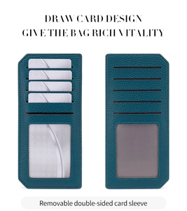 Detail view of the teal RFID leather wallet featuring a removable double-sided card sleeve