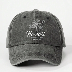 Distressed dark grey Hawaii beach washed cotton baseball cap with palm tree print
