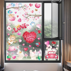 Valentine's Day window stickers with romantic heart balloons and cute cartoon animals