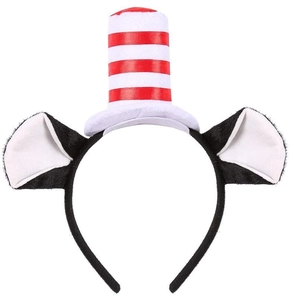 Detail of plush cat ears with red and white striped mini top hat on a black headband