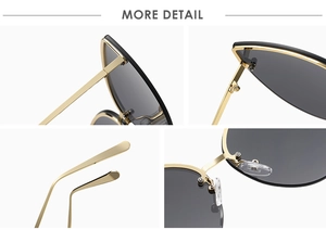 Close-up of golden metal frame details, silicone nose pads and hinges of cat-eye sunglasses