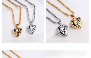 Detail of 304 stainless steel heart pendant showing vacuum plating and punk stitch design