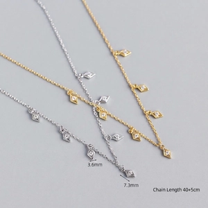 S925 silver and gold tassel necklace with rhombic cubic zirconia charms and 40+5cm chain
