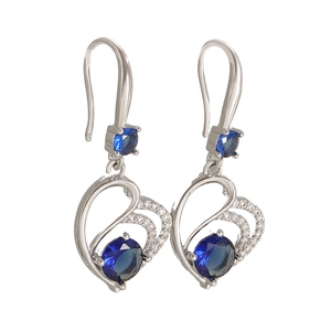 Elegant heart drop earrings with deep blue round stone and sparkling pave accents
