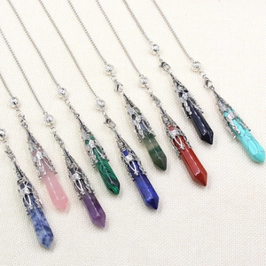 Set of hexagonal natural crystal point necklaces with hollow vintage metal caps and chains