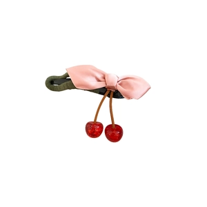 Elegant satin bow hair clip with cute red resin cherry pendants for women