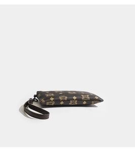 Side view of brown PU leather clutch featuring gold crown pattern and wristlet strap