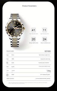 Detailed technical specifications of the 41mm mens two-tone gold quartz watch