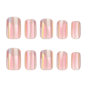 Short square aurora cat eye press-on nails with pink iridescent pearl finish