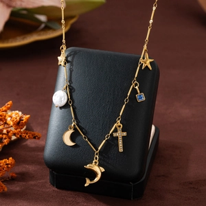 Pendant Necklace 18K Gold Plated Stainless Steel Zircon Artificial Pearl Star Moon Dolphin Cross Charms Paperclip Chain Women Jewelry